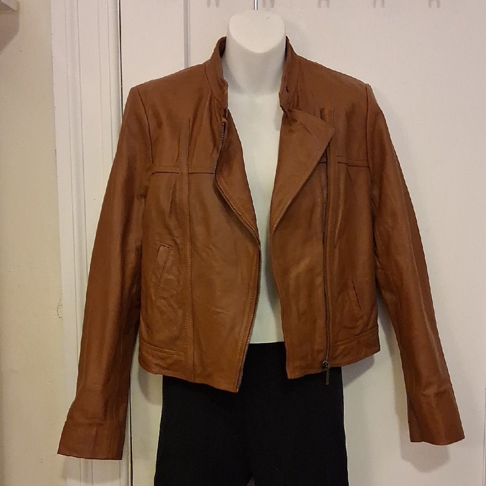 Michael Kors Brown Lambskin Leather Asymmetrical Moto Jacket for Women S-M